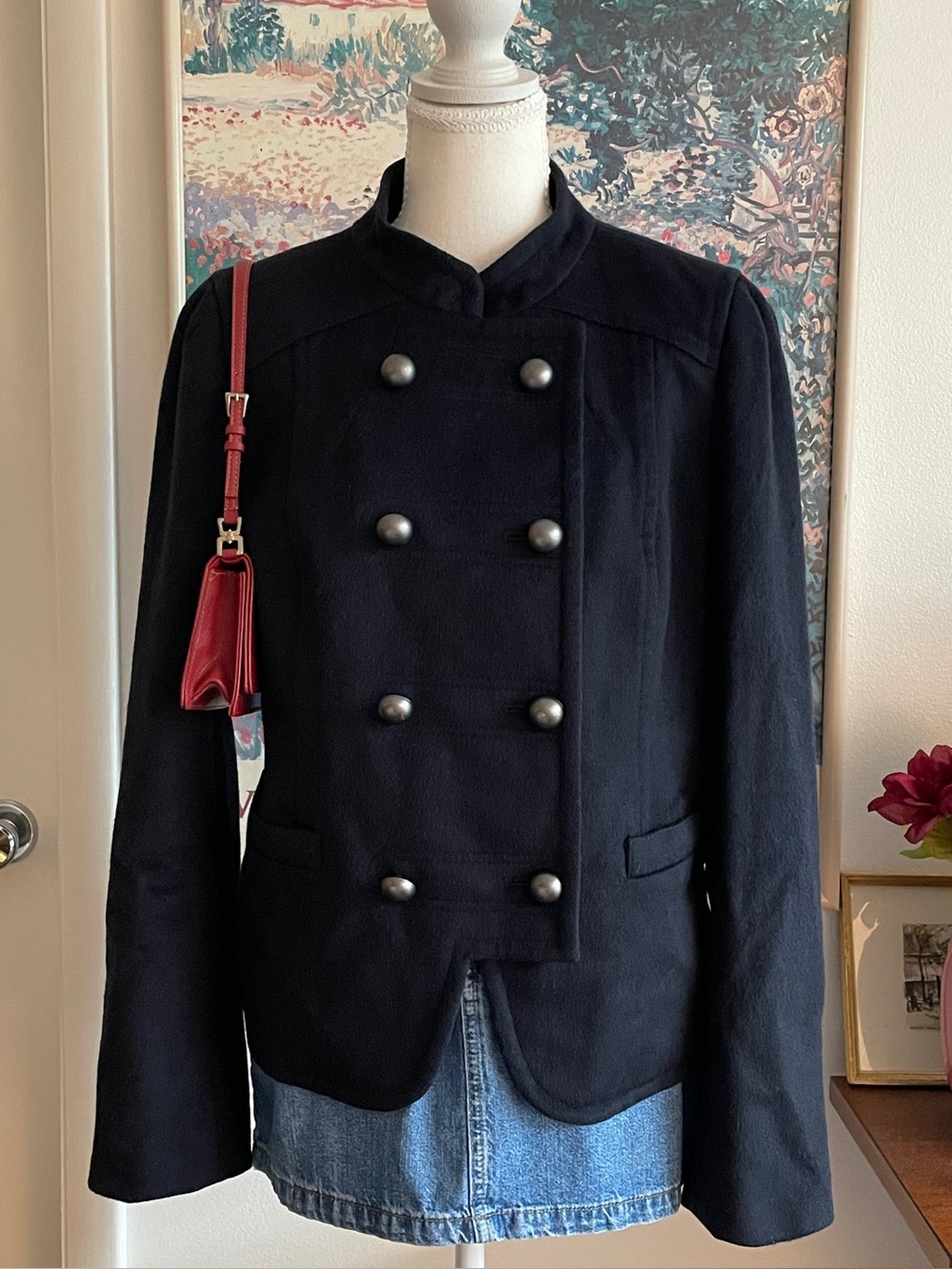 Ann Taylor Loft Military Jacket Women 12 Navy Double Breasted Wool Preppy Grunge